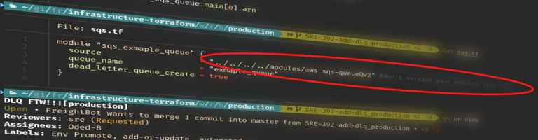 This image shows a code snippet within a Terraform configuration file, specifically focusing on an AWS SQS (Simple Queue Service) module. The file being edited is named sqs.tf, and the code snippet uses a module named sqs_example_queue. Key parameters are defined within the module, including source, queue_name, and dead_letter_queue_create. A notable part of the image is a highlighted warning: "../../../../modules/aws-sqs-queue@v2" # don't version your modules like this. This comment suggests that specifying module versions directly within the file path (such as @v2 in the directory structure) is considered a bad practice in Terraform. Proper module versioning should ideally be managed through Terraform’s versioning mechanisms rather than hardcoding the version within file paths. Below the code snippet, additional context shows that this code change is part of a pull request titled "DLQ FTW!!![production]" with a reviewer assigned and relevant labels for promotion and automation. This image highlights the importance of following best practices in Terraform module management to ensure code maintainability and avoid issues associated with improper versioning methods.