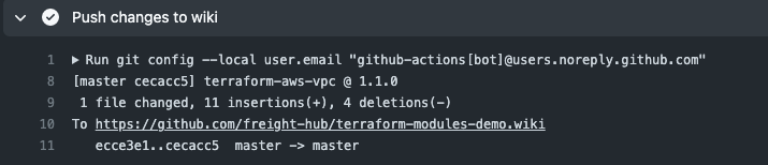 This image shows a terminal output from an automated GitHub Action that pushes recent changes to a GitHub repository’s wiki. The update here documents a new release version for a Terraform module, specifically updating the terraform-aws-vpc module to version 1.1.0. Key details in the output include: Git Configuration: The command Run git config --local user.email "github-actions[bot]@users.noreply.github.com" configures the GitHub bot's email for this commit, indicating that this change was automated through GitHub Actions rather than manually pushed by a user. Version Update: The line [master cecacc5] terraform-aws-vpc @ 1.1.0 specifies the module and the new version number, 1.1.0, reflecting the minor update made to the module. File Change Summary: The output shows that one file was changed, with 11 insertions and 4 deletions, suggesting modifications to the documentation or versioning file in the wiki. Push to Wiki Repository: The update is pushed to the URL https://github.com/freight-hub/terraform-modules-demo.wiki, which points to the wiki section of the terraform-modules-demo repository, indicating that documentation or release notes are being updated to reflect the latest changes. This automated update ensures that documentation in the GitHub Wiki is synchronized with the latest release, allowing users to access up-to-date information on module versions and changes. This process maintains consistency in version tracking and enhances transparency in the module’s development lifecycle by making sure that each release is well-documented and accessible directly from the wiki.