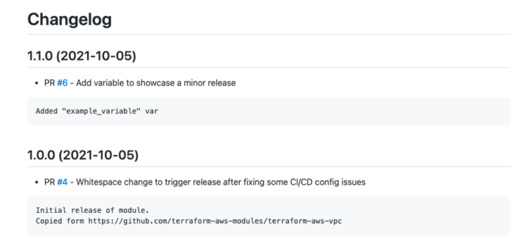 The image shows a "Changelog" section for a Terraform module, listing two versions with release notes: Version 1.1.0 (2021-10-05): Linked to PR #6, which introduces a minor release by adding a new variable, example_variable. Version 1.0.0 (2021-10-05): Linked to PR #4, which includes a whitespace change to trigger a release after fixing CI/CD configuration issues. This entry also notes it as the initial release of the module, with a reference to the source GitHub repository link for terraform-aws-vpc. Each version includes a date, pull request reference, and a brief description of changes.