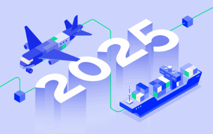 Illustration mit Flugzeug und Containerschiff neben großer Jahreszahl 2025, verbunden durch grüne Lieferkette.