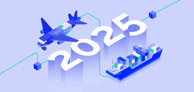 Illustration mit Flugzeug und Containerschiff neben großer Jahreszahl 2025, verbunden durch grüne Lieferkette.