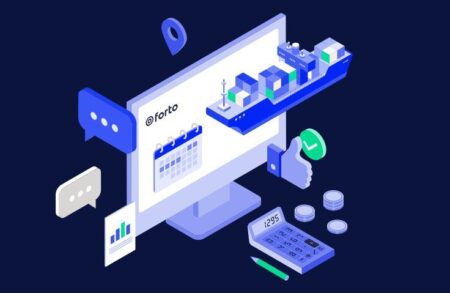 Illustration of a computer managing shipping logistics, with cargo ship, calendar, calculator, and financial icons.