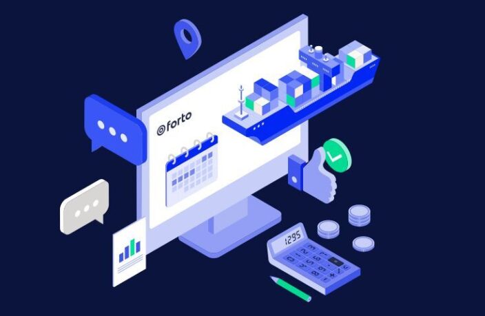 Illustration of a computer managing shipping logistics, with cargo ship, calendar, calculator, and financial icons.